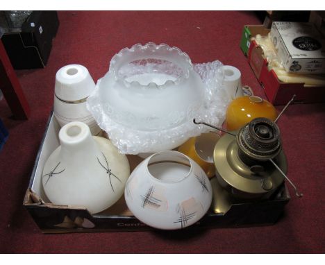 1960's Glass Shades, brass oil lamp, etc:- One Box