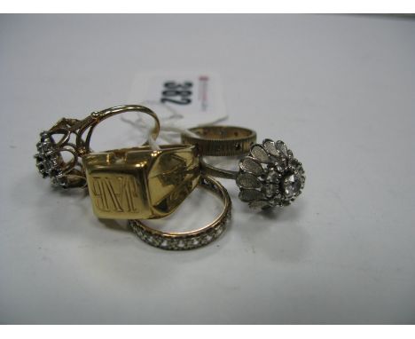 A Gent's Signet Style Ring, initialled "JAB" together with two 9ct gold lady's rings and two others. (5) 