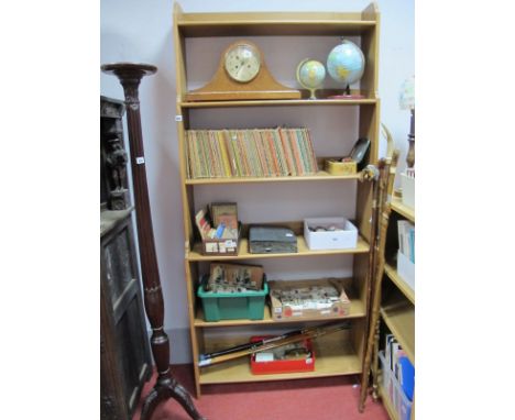 A Modern Pine Six Height Open Waterfall Bookcase, 198cms high, and a light oak effect bookcase. (2)