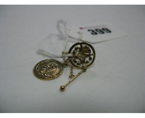 A 9ct Gold Tie Pin, of openwork design, together with a St. Christopher pendant. (2)