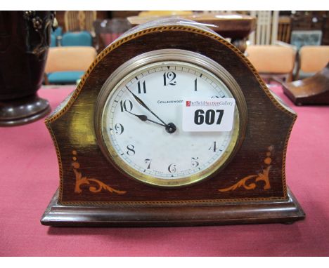 An Edwardian Inlaid Mahogany Mantel Clock, with black Arabic numerals to white enamel dial stamped "Collingwood". 
