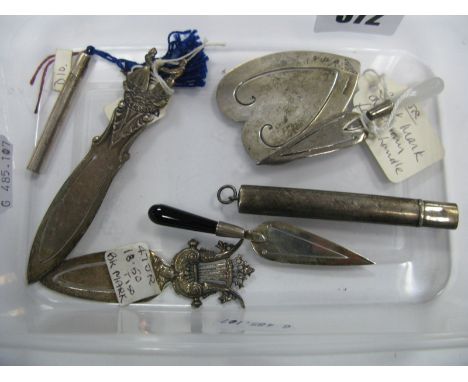 A Scottish Hallmarked Silver Heart Shape Bookmark, "My Book and Heart Must Never Part", stamped "Robb Ballater"; together wit