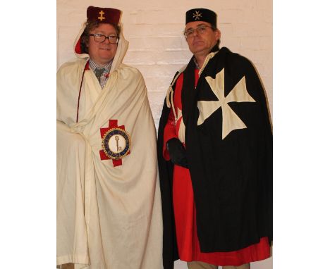 An order of Malta red tunic with white cross, black with white cross mantle and a capTogether with a pair of black gloves, bl