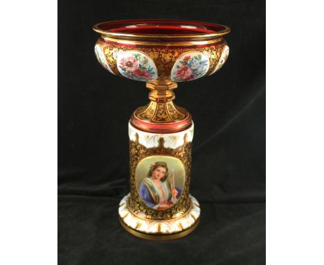 A large 19th Century Bohemian glass circular urn and pedestal Decorated with enamel floral panels and central portrait panel,