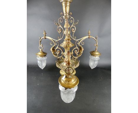 A German elaborately decorated, in the classical style, three branch chandelier early 20th CenturyBranches with grotesque mas
