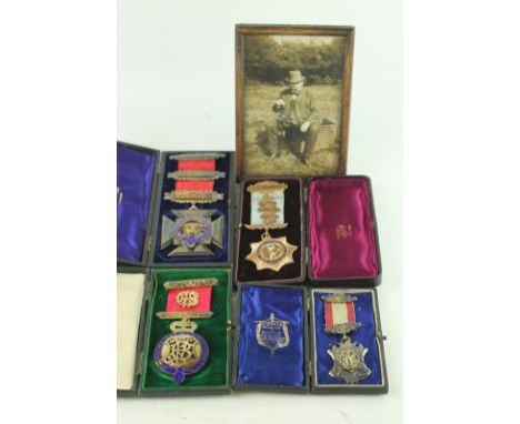 A collection of four Royal Antediluvian Order of Buffaloes cased medals awarded to Sir Benjamin Pearson KOMComprising a 9ct g