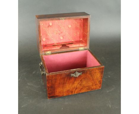 A Victorian flame mahogany decanter boxOf plain rectangular form, lacking contents, with two swan neck handles, height 23cm, 