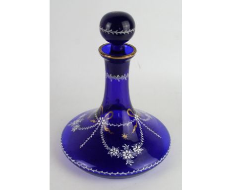 A 19th Century crystal blue glass ship style decanter Decorated with enamel swag detail, height 26cm   