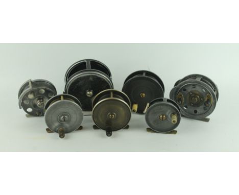 Seven assorted metal fly fishing reelsTo include a J W Young & Son example, Army & Navy example