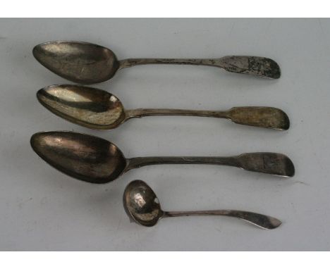 A mixed lot of silver cutleryComprising three fiddle pattern tablespoons and a further small ladle, various dates and makers,