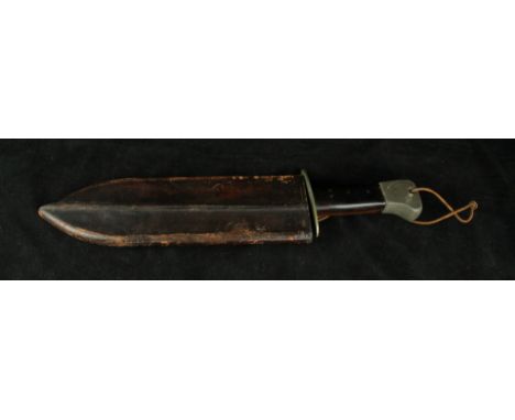 An unusual shaped hunting knife, early 20th Century 27.5cm single edged oval shaped blade, white metal cross guard, wooden gr