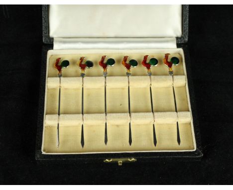 A set of six 20th Century silver and enamel cocktail sticksWith cockerel shaped finials, in fitted Mappin & Webb case, undate