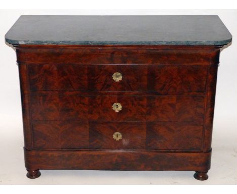 A French marble top mahogany commode, late 19th CenturyGrey marble top with curved edges, above three drawers raised on turne
