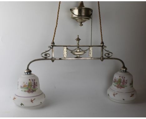 A silver-plated rise and fall ceiling lamp in the neoclassical tradition early 20th CenturyThe two glass shades with chinoise