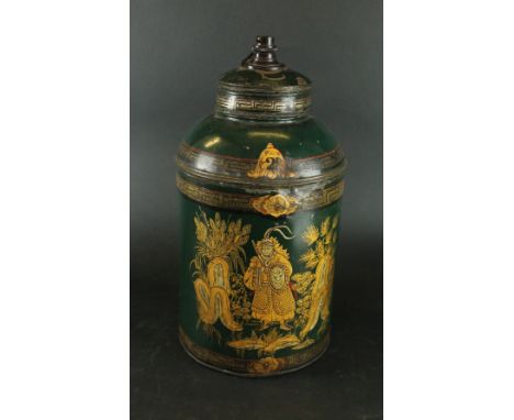 An 19th century green and gilt painted metal tea caddy and cover 
Having chinoiserie decoration, converted to a table lamp, h