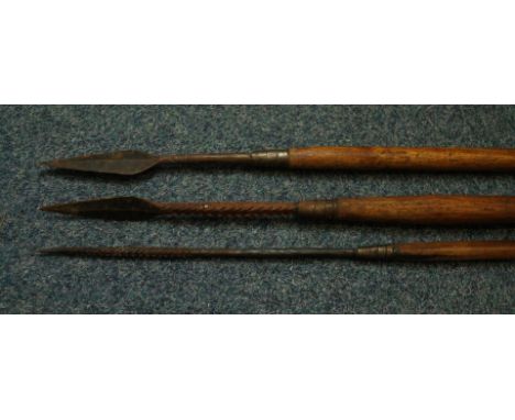 Three African hunting spears, early 20th CenturyEach wooden shafted spear with spearhead with barbs, lengths vary from 204cm 