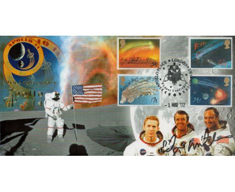 NASA Astronaut  Apollo 14 moonwalker Dr Edgar Mitchell signed Space 2002 postmarked cover. Illustrated with crew and mission 