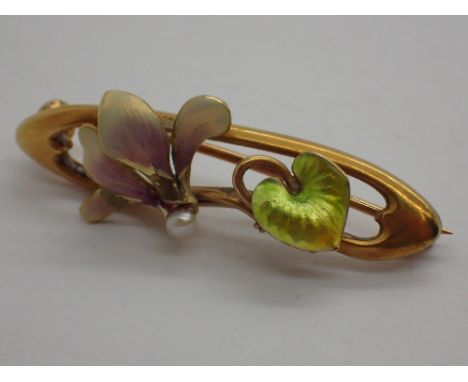 14ct gold bar brooch with enamelled flowers and seed pearls CONDITION REPORT: Some minor losses to enamel on both pieces. Mar