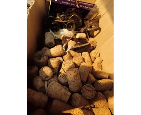 Mixed collectables including leather wallets vintage champagne corks binoculars etc