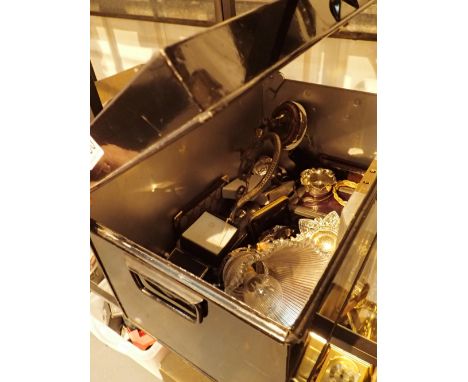 Deed box containing mixed items including brass wall light and shade etc