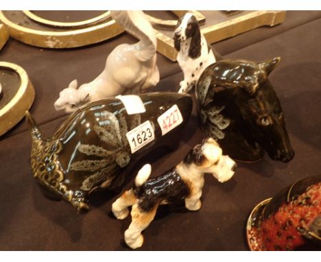 Ceramic Coalport and Goebel figurines to include squirrel bull horse and two dogs