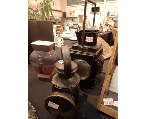 Antique railway lamp no burner plus hand lamp with burner and tri colour glass CONDITION REPORT: Tri colour glass has damaged