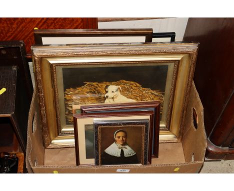 A box of various pictures and prints to include a framed and glazed oil; a Hellings sketch; a framed and glazed pastel depict