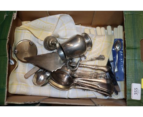A box of various silver plated flatware to include "Kings" pattern 