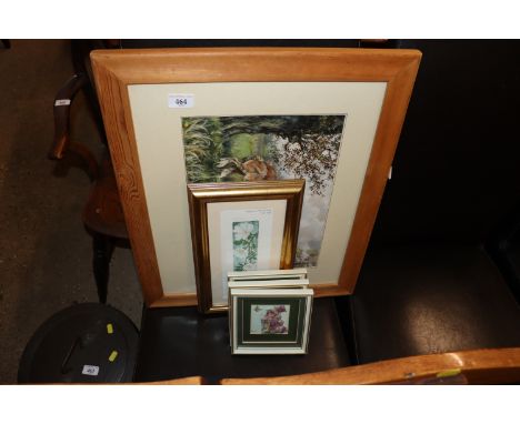 Three fairy pictures; a Judy Ball pencil signed print; a framed and glazed oil "Spring Meadows" signed to bottom right; two J
