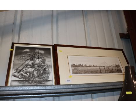 A pencil signed print of Rotterdam 1996, limited edition 55/100; and a pencil signed print of a galleon