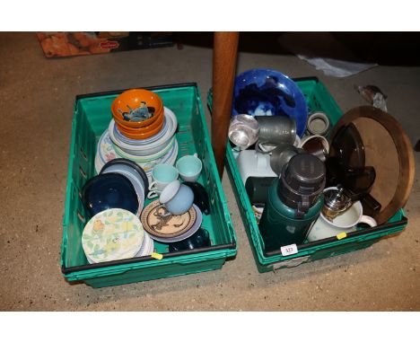 Two boxes of various miscellaneous glass and china to include Poole two tone 
