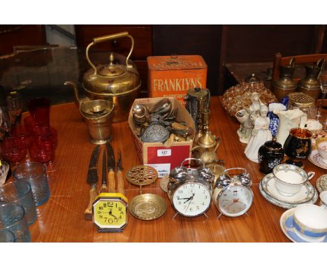 A quantity of various metalware to include vintage Franklins Super Fine Shag tin, brass kettle, candlesticks, various flatwar