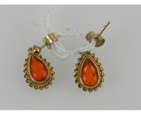 A pair of yellow metal and fire opal drop earrings, the butterflies stamped 9CT. 