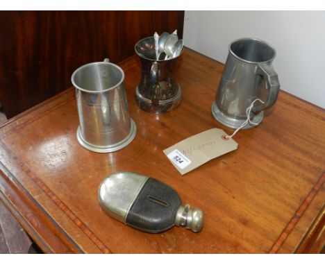 A collection of pewter tankards, a hip flask, etc.