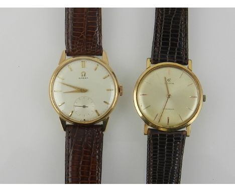 Omega, Geneva. 1960s 18ct yellow gold gentleman's wrist watch, having silvered baton dial, with two subsidiary dial, set 17 j