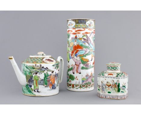 A Chinese famille verte porcelain teapot, a tea caddy and a hat stand, 19th C. H.: 25,8 cm (the hat stand) Condition reports 