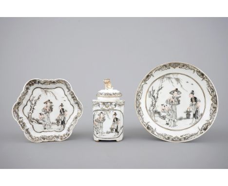 Chinese grisaille export porcelain: a tea caddy, saucer and teapot stand, 18th C H.: 12 - Dia.: 15,5   cm Condition reports a