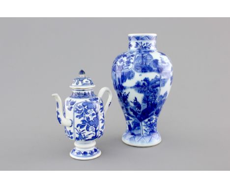 A blue and white jug with cover and a small vase, Kangxi, ca. 1700 H.: 15,5   cm (the vase)  Condition: The vase intact, the 