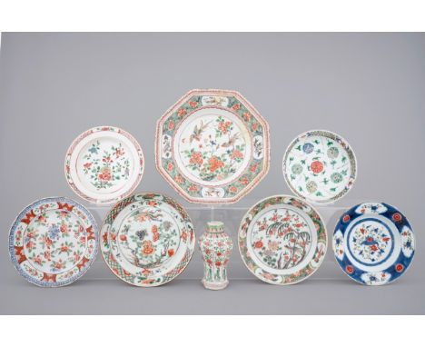 Seven Chinese porcelain plates and a famille verte vase, Kangxi H.: 17 cm (the vase) Dia.: 32 cm (the dish) Condition reports