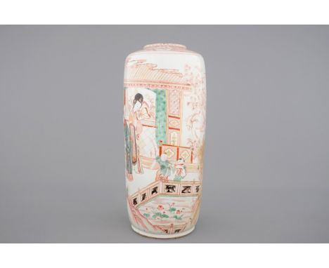A large Chinese porcelaine famille verte, iron red and gilt rouleau vase, Kangxi, ca. 1720 H: 58 cm Condition: Restored break