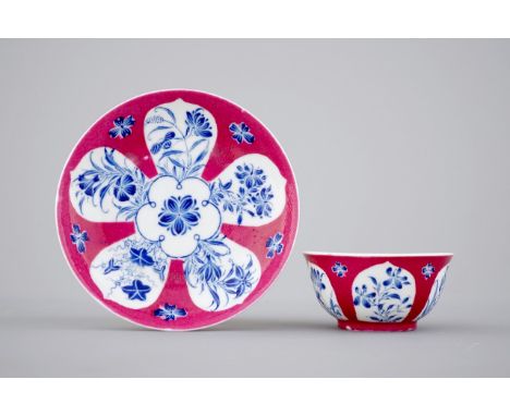 An unusual Chinese ruby ground and overglaze blue cup and saucer, Yongzheng, 1722-1735 H.: 3,5 cm Dia.: 11,5 cm     Provenanc