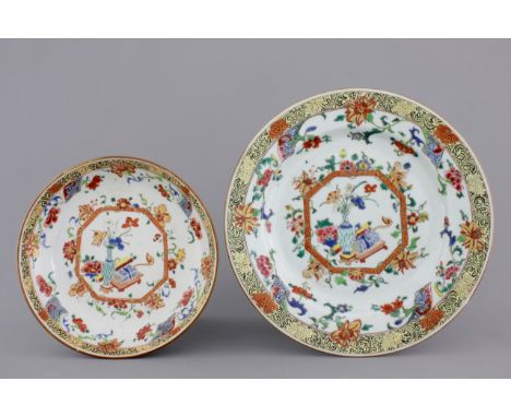 Two Chinese porcelain famille jaune plates, 18th C. Dia.: 23 cm (the largest) Condition reports and high resolution pictures 