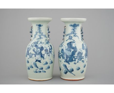 A pair of blue and white Chinese vases on celadon ground with playing boys 19th C. H: 42,5 cm Condition reports and high reso