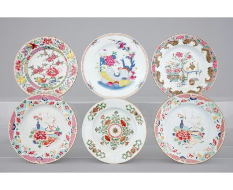 A set of six Chinese famille rose and verte porcelain plates, Kangxi-Qianlong, 18th C. Dia.: 23,5 cm Condition reports and hi