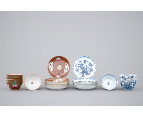 A group of 10 Chinese cups and saucers: Famille rose and batavia brown with blue, white and gilt, Kangxi-Qianlong, 18th C. Di