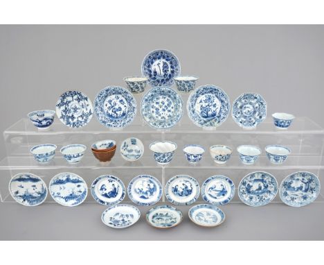 A large collection of Chinese blue and white cups and saucers, mostly Kangxi, 18th C. H: 5 cm Dia.: 12 cm Various dimensions.