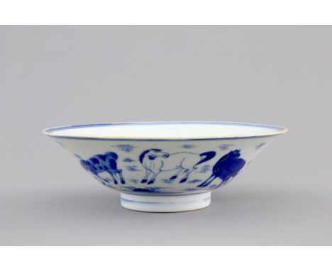 A Chinese blue and white conical bowl: "Horses of Mu Wang", Shunzhi/Kangxi, 17th C. Dia.: 17,5 cm  Marked on the back with an