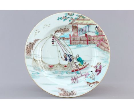 A fine and rare Chinese famille rose porcelain "Fishing" plate, Yongzheng, 1722-1735 Dia.: 22,5 cm     Condition: Excellent, 