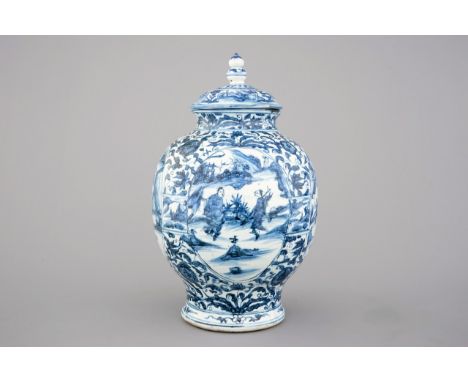A large blue and white Chinese porcelain baluster jar and cover, Ming Dynasty H: 47 cm  Condition: The finial of the lid rest
