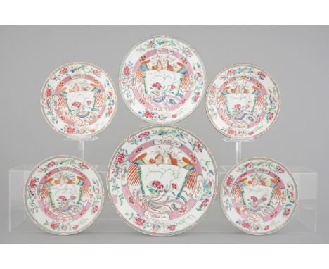 A set of 6 large Chinese famille rose export porcelain plates with phoenix with scroll design, Qianlong, 18th C. Dia.: 35 cm 